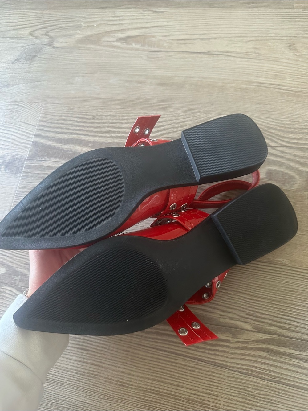 Patent Leather Red Pointed Slingback Flats with Buckle Strap - Picture 2 of 2